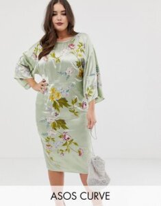 ASOS DESIGN Curve kimono midi pencil dress in satin floral embroidery-Green