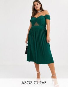 ASOS DESIGN Curve lace and pleat bardot midi dress-Green