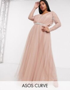 ASOS DESIGN Curve lace sleeve tulle maxi dress with embellished trim-Pink