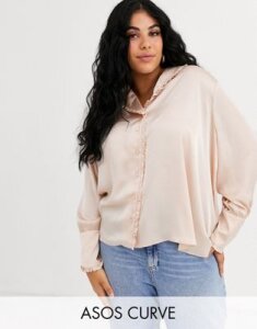 ASOS DESIGN Curve long sleeve blouse with frill collar detail-No Color