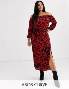 ASOS DESIGN Curve long sleeve leopard print bardot plisse midi dress-Multi
