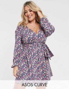 ASOS DESIGN Curve long sleeve mini dress with shirred waist in blue ditsy print-Multi