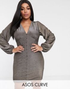 ASOS DESIGN Curve long sleeve plunge mini dress with buttons in glitter-Gold