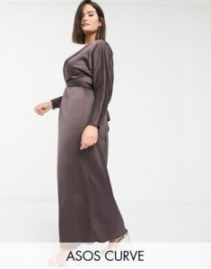 ASOS DESIGN Curve maxi dress with batwing sleeve and wrap waist in satin-Brown