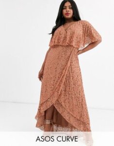 ASOS DESIGN Curve maxi dress with cape back and dip hem in scatter sequin-Gold