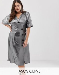 ASOS DESIGN Curve metallic midi tea dress with metal buttons-Silver