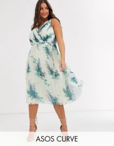ASOS DESIGN Curve midi dress with wrap pleat bodice in blossom floral print-Multi