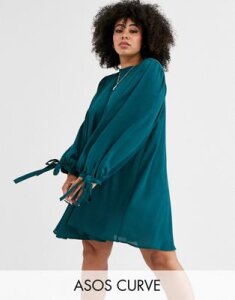 ASOS DESIGN Curve mini high neck swing dress with tie sleeves-Green