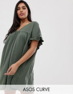 ASOS DESIGN Curve mini reversible cotton slub smock dress-Green