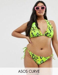 ASOS DESIGN curve mix and match tie side bikini bottom in neon snake-Green