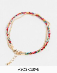 ASOS DESIGN Curve multirow anklet with twisted thread and fine chain in gold tone