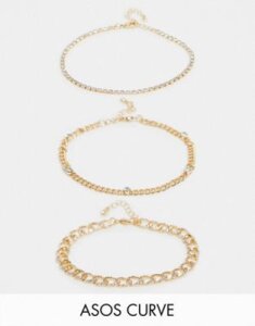 ASOS DESIGN Curve pack of 3 bracelets with fine crystal curb chains in gold tone