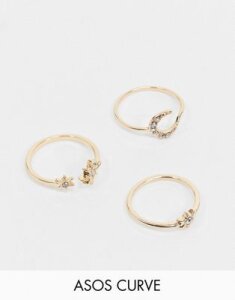 ASOS DESIGN Curve pack of 3 rings with moon and star design in gold tone