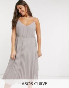 ASOS DESIGN Curve pleated cami midi dress with drawstring waist in gray