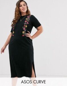 ASOS DESIGN Curve printed floral midi t-shirt dress-Black