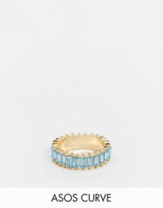 ASOS DESIGN Curve ring with blue baguette crystal stones in gold tone