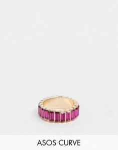 ASOS DESIGN Curve ring with pink baguette crystal stones in gold tone