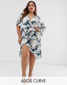 ASOS DESIGN Curve satin kimono midi dress with knot front and asymmetric sleeve in abstract Print-Multi