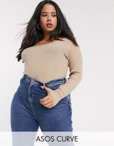 ASOS DESIGN Curve scoop neck ribbed sweater in recycled blend-Stone