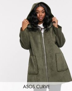 ASOS DESIGN Curve shearling parka with seam detail in khaki-Green