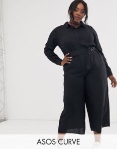 ASOS DESIGN Curve shirt jumpsuit with self belt and culotte leg-Black