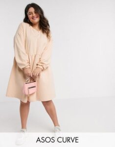 ASOS DESIGN Curve smock mini sweat dress with long sleeve in camel-Beige