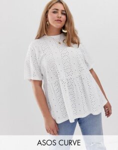 ASOS DESIGN Curve smock top in broidery-White