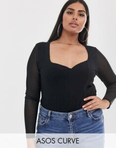 ASOS DESIGN Curve sweetheart neck top with mesh sleeve-Black