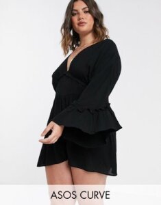 ASOS DESIGN Curve swing romper with frill sleeve in crinkle in black