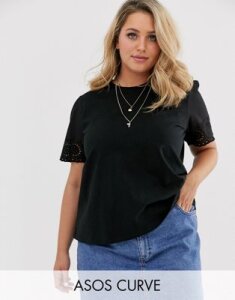 ASOS DESIGN Curve t-shirt with broderie sleeve in black