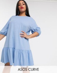ASOS DESIGN Curve textured smock dress with tiered hem in blue