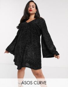 ASOS DESIGN Curve tinsel smock mini dress with bell sleeves-Black