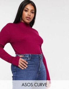 ASOS DESIGN Curve top in rib with thumb hole in wine-Red