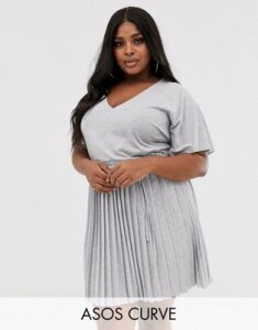 ASOS DESIGN Curve v neck mini dress with pleated skirt and self belt-Gray