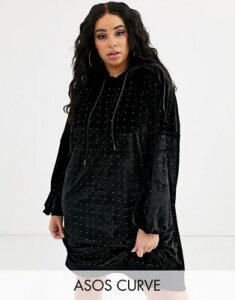 ASOS DESIGN Curve velvet hoodie dress with hotfix embellishment-Black