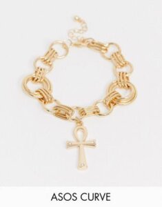 ASOS DESIGN Curve vintage style chain bracelet with rhinestone studded cross in gold tone