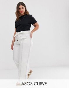ASOS DESIGN Curve wide pants leg with tie waist and horn buttons-Cream