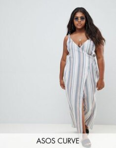 ASOS DESIGN Curve woven stripe v wrap maxi beach dress-Multi