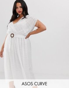 ASOS DESIGN Curve wrap front maxi dress with buckle belt in self stripe-White