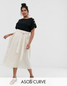 ASOS DESIGN Curve wrap midi skirt with tie side and pockets-Beige