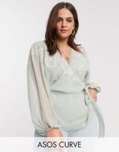 ASOS DESIGN Curve wrap top with embroidered sleeve detail in sage-No Color