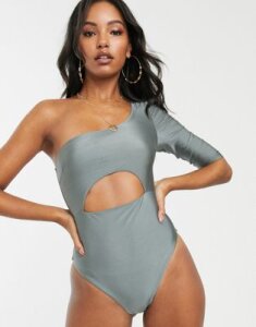 ASOS DESIGN cut out long sleeve one shoulder swimsuit in shiny khaki-Green