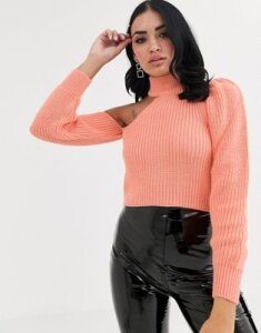 ASOS DESIGN cut out one sleeve sweater with high neck-Orange