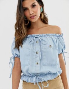 ASOS DESIGN denim bardot top with patch pockets and button-Blue