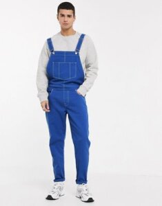 ASOS DESIGN denim overalls in cobalt blue with contrast stitch