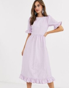 ASOS DESIGN denim prairie dress with frill in lilac-Purple