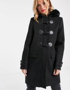 ASOS DESIGN duffle coat with faux fur trim in black