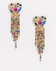 ASOS DESIGN earrings in rainbow crystal heart design in gold tone