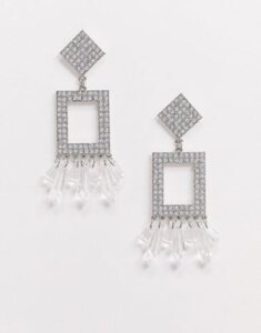 ASOS DESIGN earrings with crystal open shape and faceted bead drop in silver tone