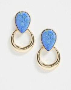ASOS DESIGN earrings with faux lapis stone stud and circle drop in gold tone